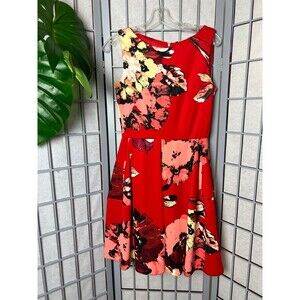 Taylor Womens Fit & Flare Dress Red Coral Floral Pleated Boat Neck Sleeveless 4